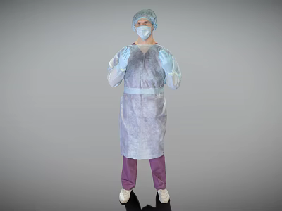 A Man Wearing Protective Gown Mask And Cap Standing Against Gray Background 3d model