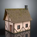 Cartoon Cottage Scene With Mossy Tiled Roof Chimney And Wooden Framed Windows