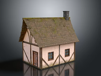 Cartoon Cottage Scene With Mossy Tiled Roof Chimney And Wooden Framed Windows 3d model