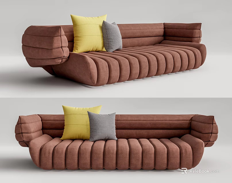 Brown Multi Seater Sofa With Tufted Padded Design And Yellow Grey Accent Pillows 3d model 
