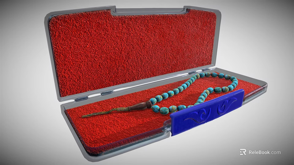 Decorative Ornament Set with Turquoise Bead Necklace Blue Carved Piece in Red Lining Case 3d model 