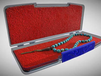 Decorative Ornament Set with Turquoise Bead Necklace Blue Carved Piece in Red Lining Case 3d model