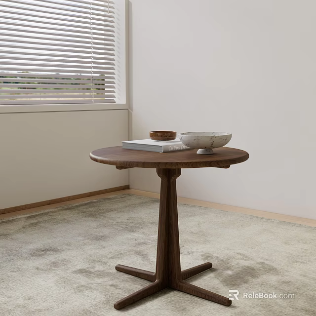 Modern Wooden Round Side Table With Cross Base Featuring Books And Bowls 3d model 