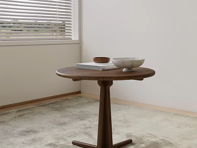 Modern Wooden Round Side Table With Cross Base Featuring Books And Bowls 3d model