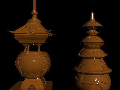 Classical Brown Pagoda Style Decorative Ornament Set With Two Multi Tiered Designs 3d model