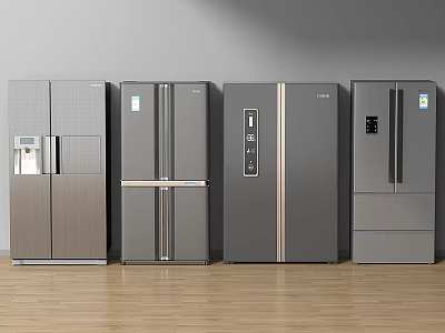 Modern Refrigerator Freezers In Different Gray Sleek Styles With Wooden Floor Interior 3d model
