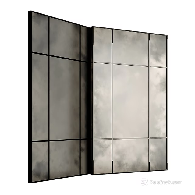 Modern Mirror Room Divider With Black Frame And Multiple Panel Design 3d model 
