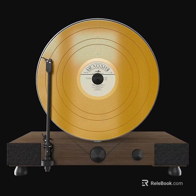 Gold Vinyl Record On Turntable With Wooden Base Black Panel And Tonearm 3d model 