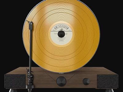 Gold Vinyl Record On Turntable With Wooden Base Black Panel And Tonearm 3d model