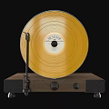 Gold Vinyl Record On Turntable With Wooden Base Black Panel And Tonearm