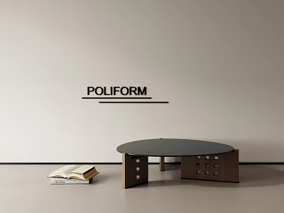 Poliform Circular Coffee Table with Black Top and Wooden Base and Open Book on Floor 3d model