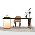 Modern Office Desk With Beige Chair Table Lamp Vase And Ring Light On Round Rug
