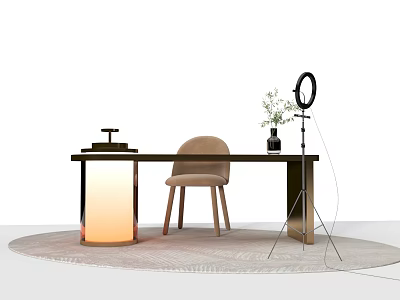 Modern Office Desk With Beige Chair Table Lamp Vase And Ring Light On Round Rug 3d model