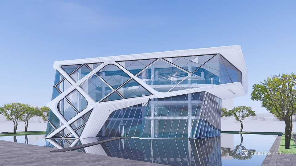Modern Sales Office Building With Glass Curtain Wall And Geometric Structure Reflection On Water Surface 3d model