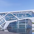 Modern Sales Office Building With Glass Curtain Wall And Geometric Structure Reflection On Water Surface 3d model