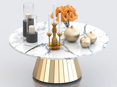 Round Marble Coffee Table With Gold Base Featuring Gold Candelabra Orange Flowers And Spherical Decorations 3d model