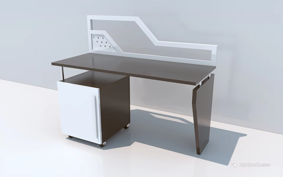 Modern Office Desk With Dark Tabletop White Drawer Cabinet And Back Panel 3d model 