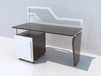 Modern Office Desk With Dark Tabletop White Drawer Cabinet And Back Panel 3d model