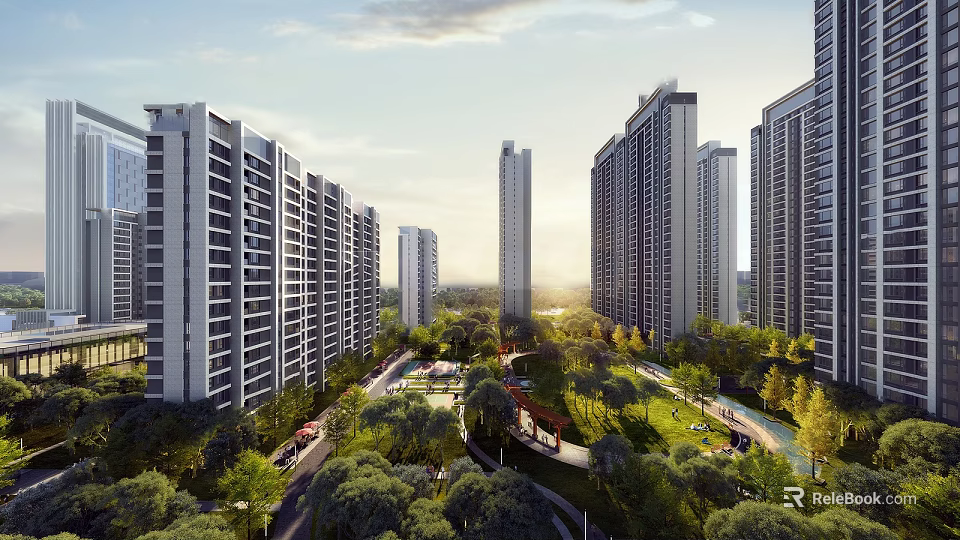 Modern High Rise Residential Towers With Lush Greenery And Scenic Sunlit Paths 3d model 