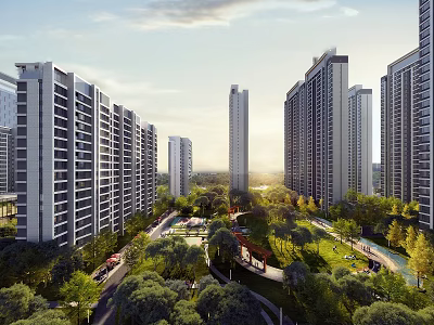Modern High Rise Residential Towers With Lush Greenery And Scenic Sunlit Paths 3d model