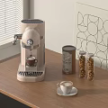 Elegant Kitchen Coffee Machine On Wooden Table With Coffee Cup Bean Canisters And Decorative Art