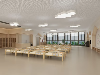 Kindergarten Nap Room With Wooden Beds White Pendant Lights And Large Windows 3d model