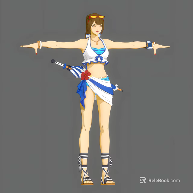 Female Game Character With Brown Hair White Blue Outfit Red Flower And Weapon 3d model 