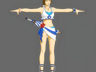 Female Game Character With Brown Hair White Blue Outfit Red Flower And Weapon 3d model