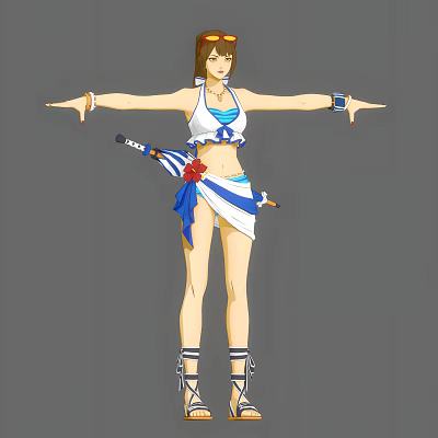 Female Game Character With Brown Hair White Blue Outfit Red Flower And Weapon 3d model