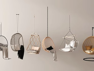 Various Hanging Chairs with Woven Rattan Design and Soft Cushions for Home Interiors 3d model