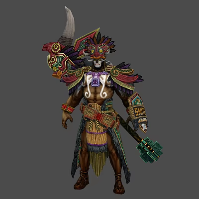Mythical Warrior Character With Horned Feathered Headdress And Colorful Ornate Armor Holding Axe 3d model