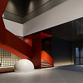 Modern Cinema Lobby With Black Red Decor Circular Lighting And Screens