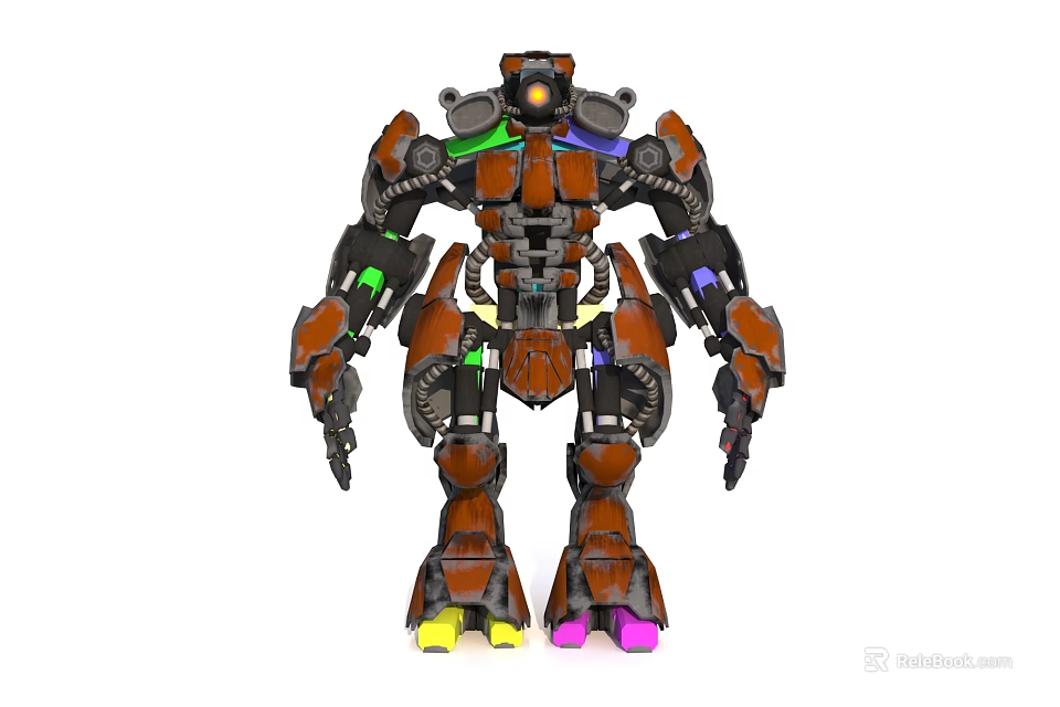 Game and Movie Character Brown Mechanical Robot With Armored Structure Green Purple Yellow Accents 3d model 