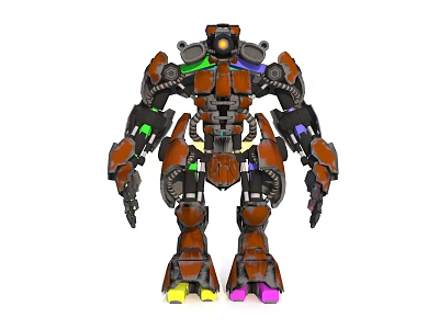 Game and Movie Character Brown Mechanical Robot With Armored Structure Green Purple Yellow Accents 3d model