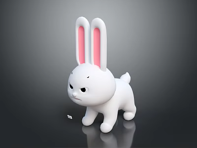 White Rabbit Doll With Long Pink Inner Ears And Frowning Expression On Shiny Black Background 3d model