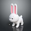 White Rabbit Doll With Long Pink Inner Ears And Frowning Expression On Shiny Black Background