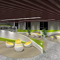Modern Casual Lounge Area With Curved White Green Decor And Yellow Round Seats