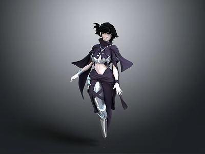 Fantasy Female 3D Character Model With Purple Cloak White Armor And Black Hair 3d model