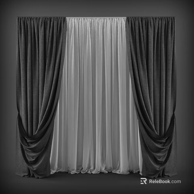 Elegant Dark Curtains With White Sheer Layer And Textured Fabric Design 3d model 