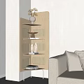 Modern Wooden Corner Bookcase with Shelves Books and Decorations Next to Sofa