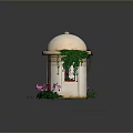 White Domed Structure On Small Island With Green Vines Pink Purple Flowers And Blue Water