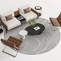 Modern Beige Brown Sofa with Round Black Coffee Table and Gray Patterned Rug Armchairs 3d model