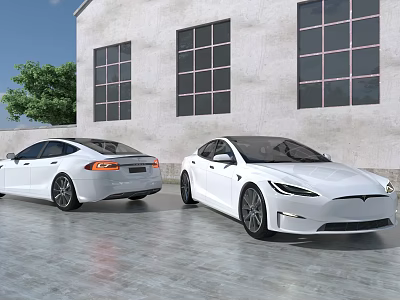 Two White Tesla Electric Cars Parked In Front Of Modern Concrete Building 3d model