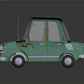 Light Green Vintage Car With Round Shape Yellow Headlights And Brown Seats