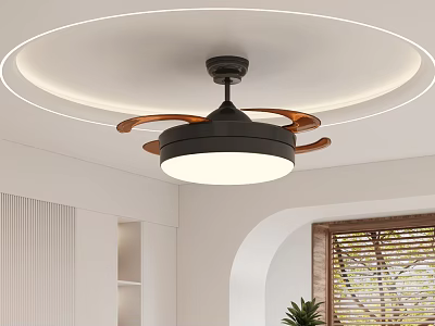 Decorative Ceiling Fan Light with Wooden Blades Round Lampshade Circular LED Strip in Modern Room 3d model