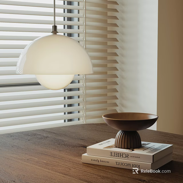 Modern White Pendant Light Hanging Above Wooden Table With Bowl And Books Near Window Blinds 3d model 