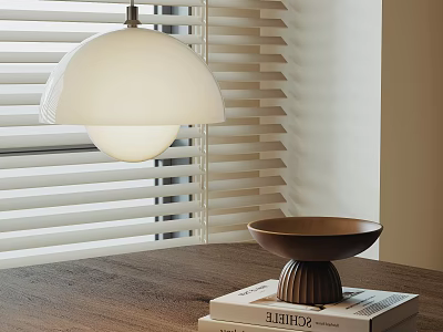 Modern White Pendant Light Hanging Above Wooden Table With Bowl And Books Near Window Blinds 3d model