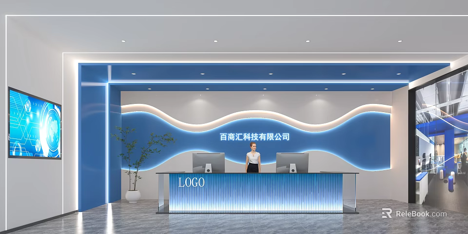 Modern Front Desk Reception Featuring Blue Wave Background Wall Receptionist Computers Green Plant And Logo 3d model