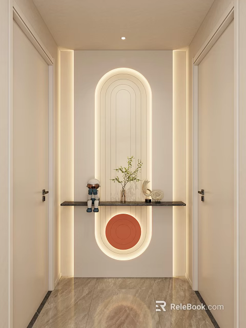 Modern Foyer Hallway With Oval Light Strip Black Shelf Astronaut Plant And Red Circular Design 3d model 