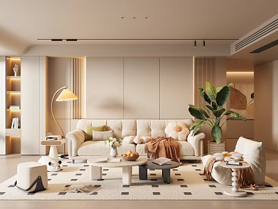 Modern Living Room Interior with Beige Sofa Large Green Plant Floor Lamp and Coffee Table 3d model